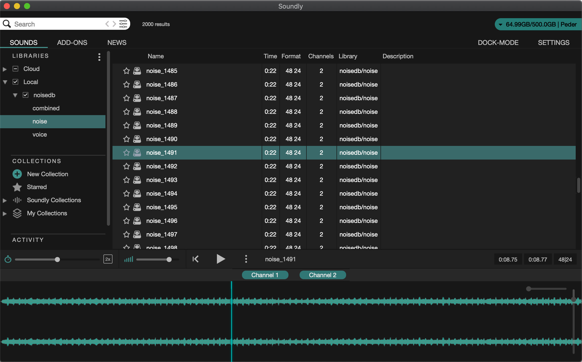 Noise sets loaded in the Soundly App.